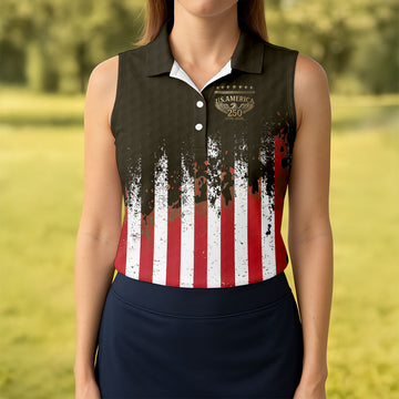 US Bald Eagle Golf Ball Pattern Distressed American Flag Women Golf Top, 250th Anniversary 4th Of July Golf Shirt