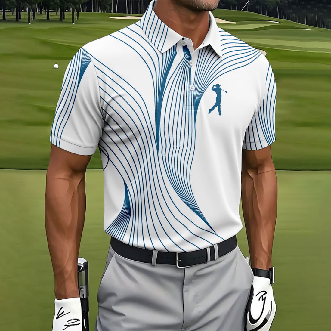 Geometric Line Wavy Line Blue And White Golf Shirts For Men, Men's Golf Shirt, Polo ShirtFor Men