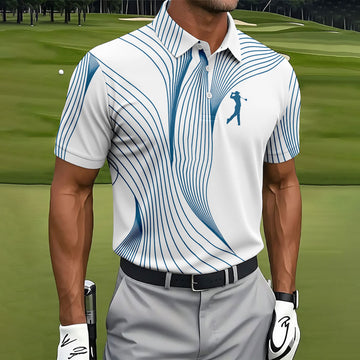 Geometric Line Wavy Line Blue And White Golf Shirts For Men, Men's Golf Shirt, Polo ShirtFor Men