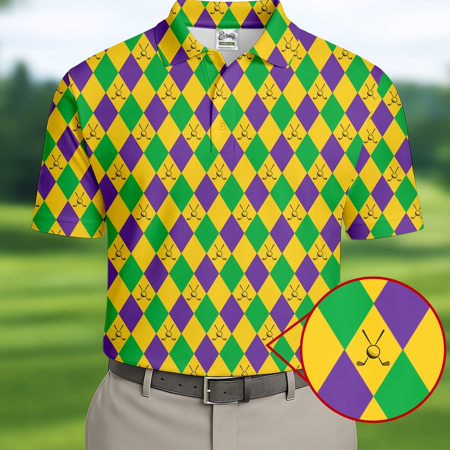 Green Gold Purple Argyle Pattern Mardi Gras Golf Shirt, Polo Shirt Men, Golf Shirts For Men