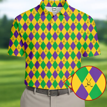 Green Gold Purple Argyle Pattern Mardi Gras Golf Shirt, Polo Shirt Men, Golf Shirts For Men