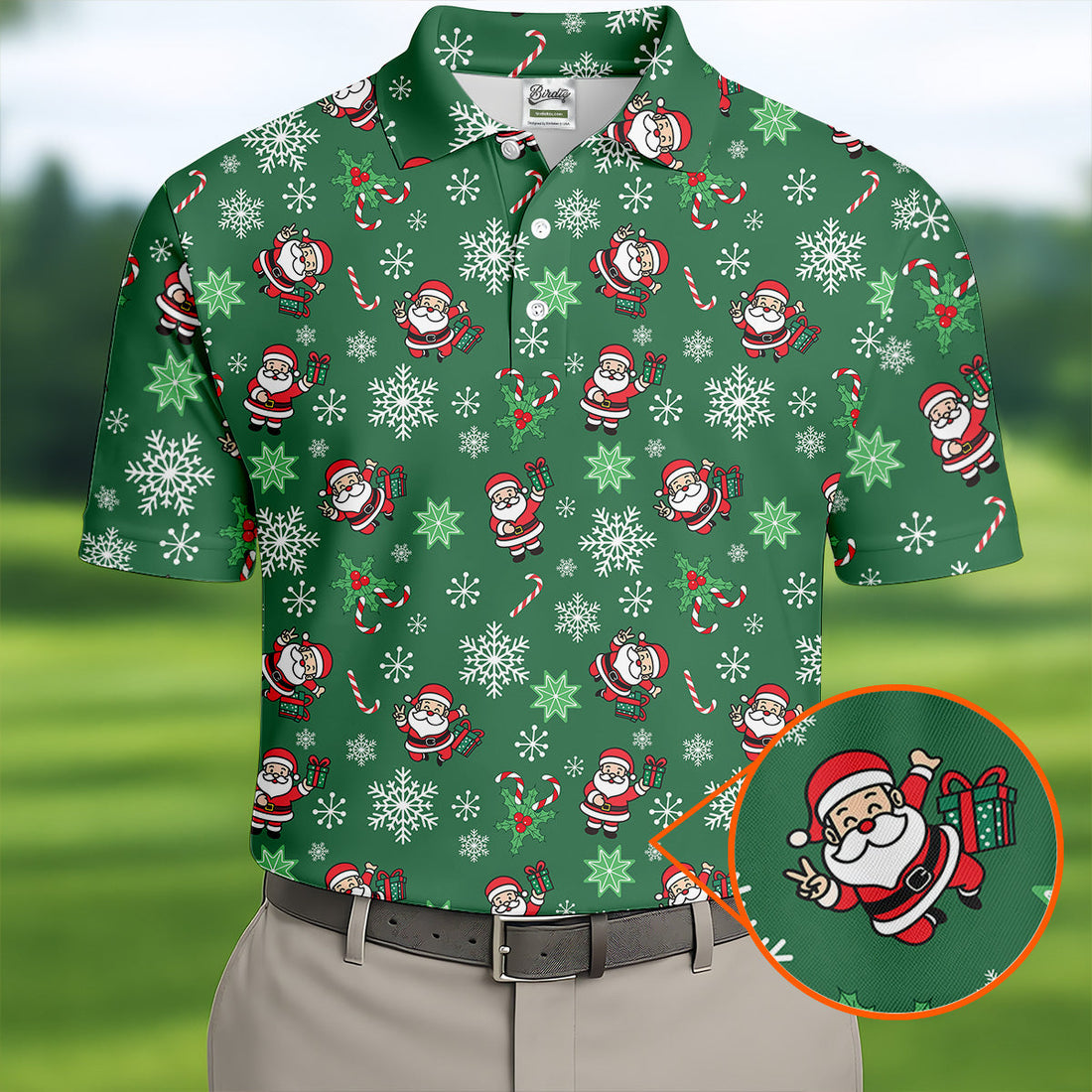 Santa Claus Pattern Christmas Green Golf Tops For Men, Christmas Golf Shirt, Polo ShirtFor Men