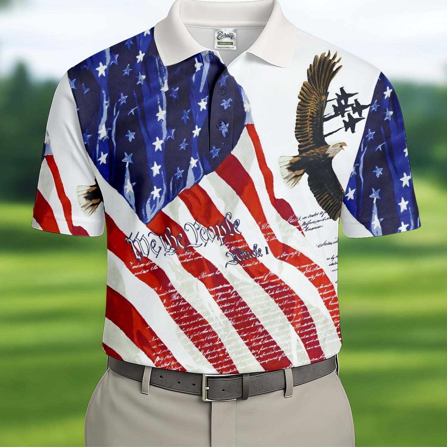 We The People Bald Eagle American Flag Golf Tops For Men, 250th Anniversary Patriotic Golf Shirt