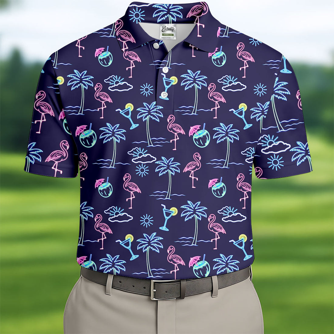 Neon Line Tropical Flamingo Hawaiian Golf Shirt, Polo Shirtor Men, Golfing Apparel