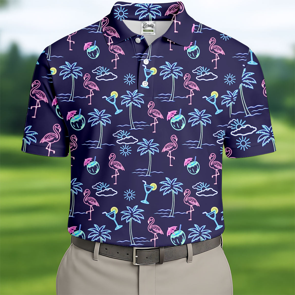 Neon Line Tropical Flamingo Hawaiian Golf Shirt, Polo Shirtor Men, Golfing Apparel