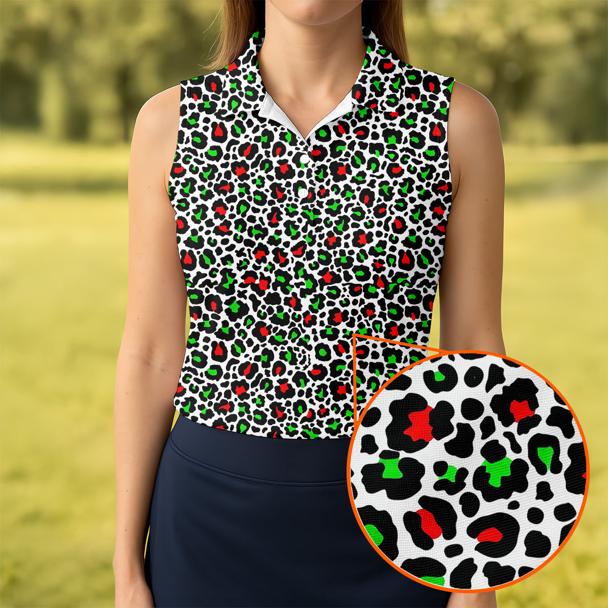 Leopard Pattern Xmas Pine Tree Green And Red Women's Golf Tops, Christmas Golf Shirt, Ladies Golf Shirts