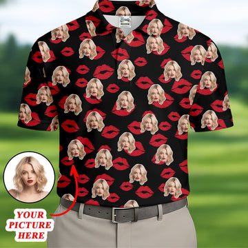Kiss Lipstick Mark Custom Photo Golf Tops For Men, Valentines Golf Gift, Polo ShirtFor Men