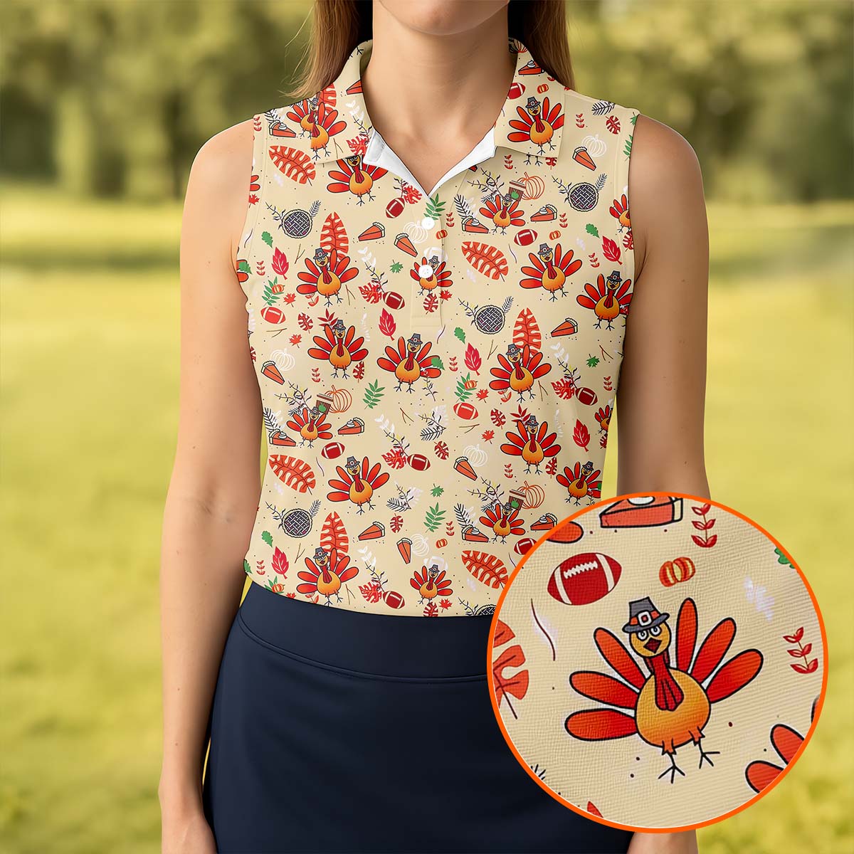 Funny Turkey Hawaiian Pattern Thanksgiving Women's Golf Tops, Fun Women's Golf Shirts, Ladies Golf Shirts