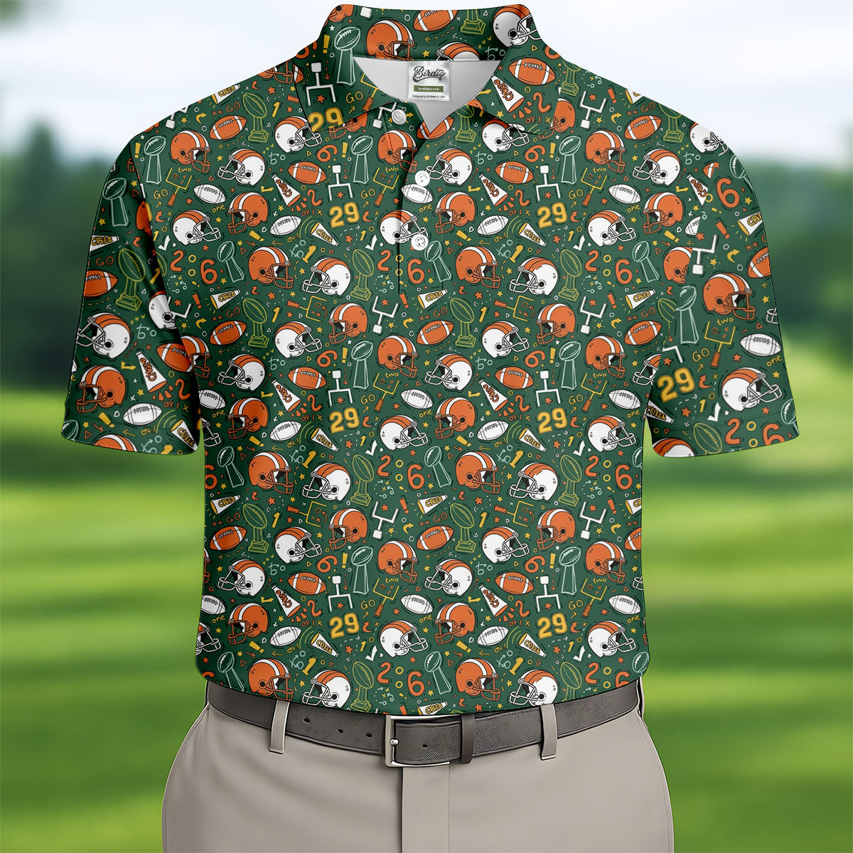 Orange And White Football Helmet Trophy Pattern Green Men Polo, Game Day Football Theme Polo For Men