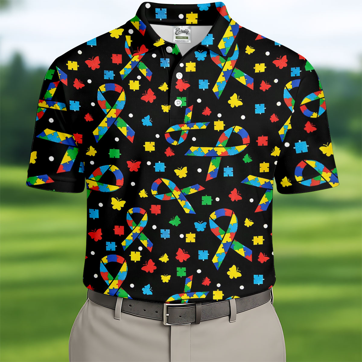 Autism Awareness Ribbon Colorful Butterflies Black Golf Shirt, Golf Tops For Men, Golf Shirts For Men
