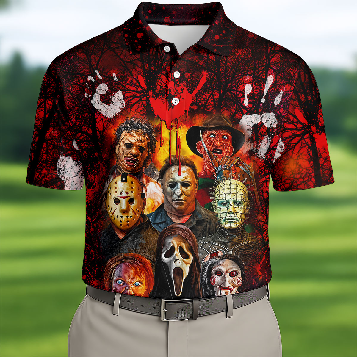 Halloween Horror Character Hawaiian Golf Shirt, Men's Golf Shirt, Golf Shirts For Men