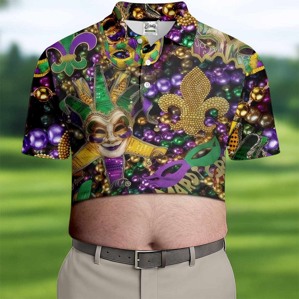 Mardi Gras Purple Green Gold Fleur De Lis Jester Mask Funny Tummy Golf Shirts For Men, Men's Funny Golf Shirts