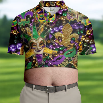Mardi Gras Purple Green Gold Fleur De Lis Jester Mask Funny Tummy Golf Shirts For Men, Men's Funny Golf Shirts