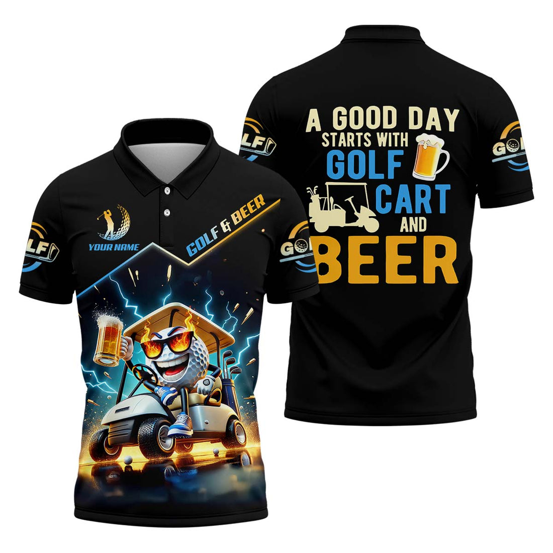 A Good Day Starts With Golf Cart & Beer Custom Golf Polo ShirtFunny Golf Shirt, Golf Gift For Men