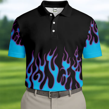 Black Cyan Purple Flame Sleeve Golf Shirt, Golf Shirts For Men, Mens Golf Apparel
