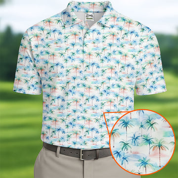 Watercolor Palm Tree Hawaiian Golf Shirt, Summer Vibe Men's Golf Shirt, Polo Shirts For Men