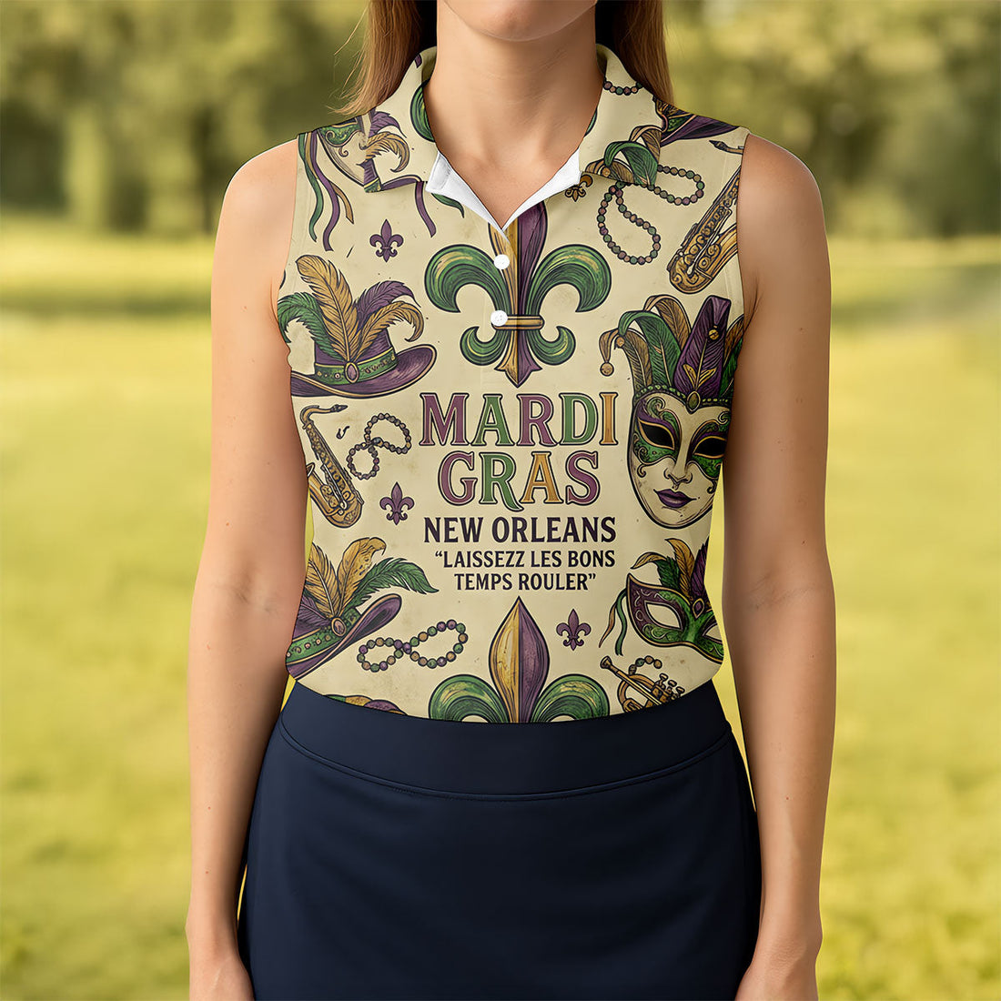 Mardi Gras New Orleans Fleur De Lis Carnival Hat Women's Golf Tops, Ladies Golf Shirts, Ladies Golf Polos