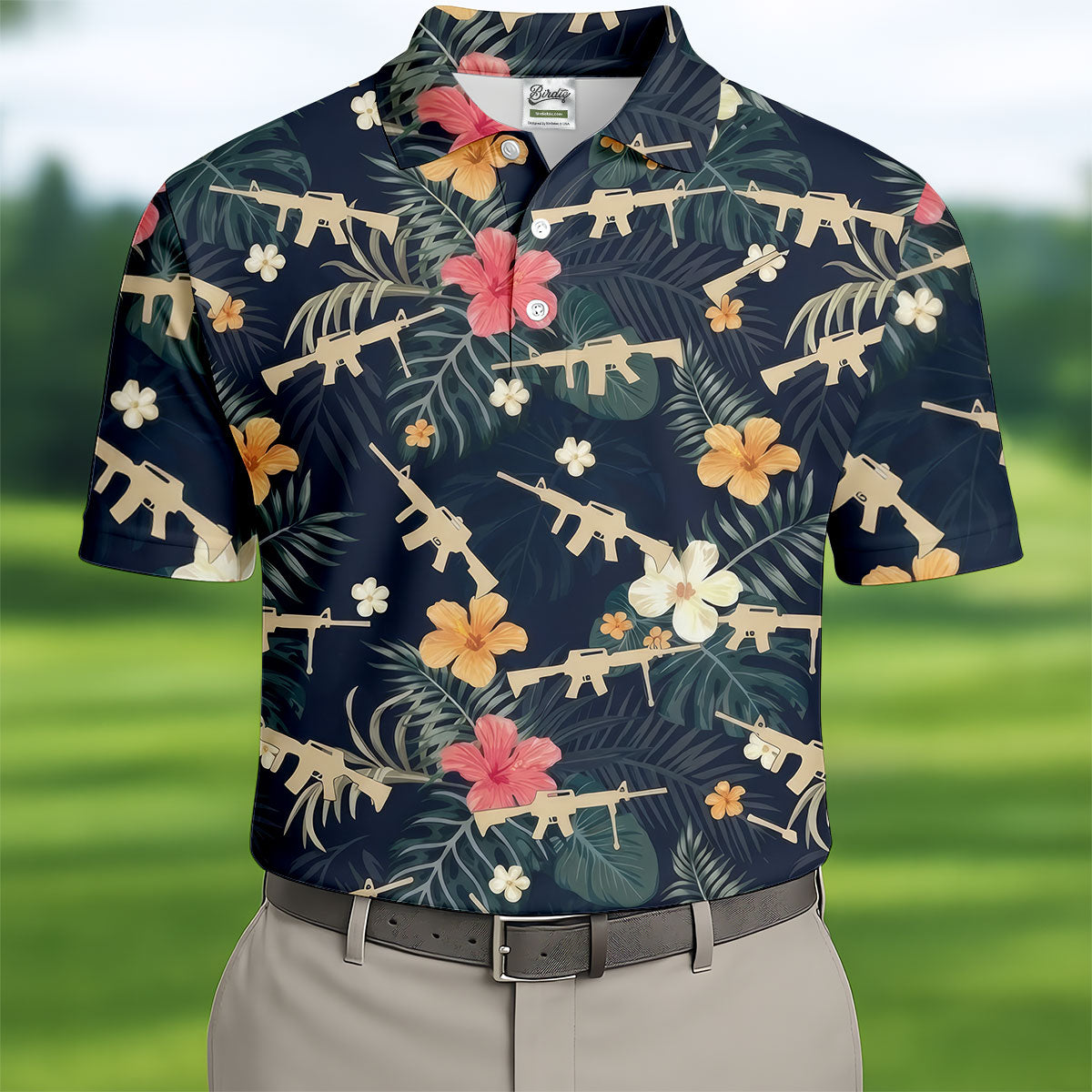 Colorful Hibiscus With Army Theme Golf Shirts For Men, Polo ShirtFor Men, Golfing Apparel