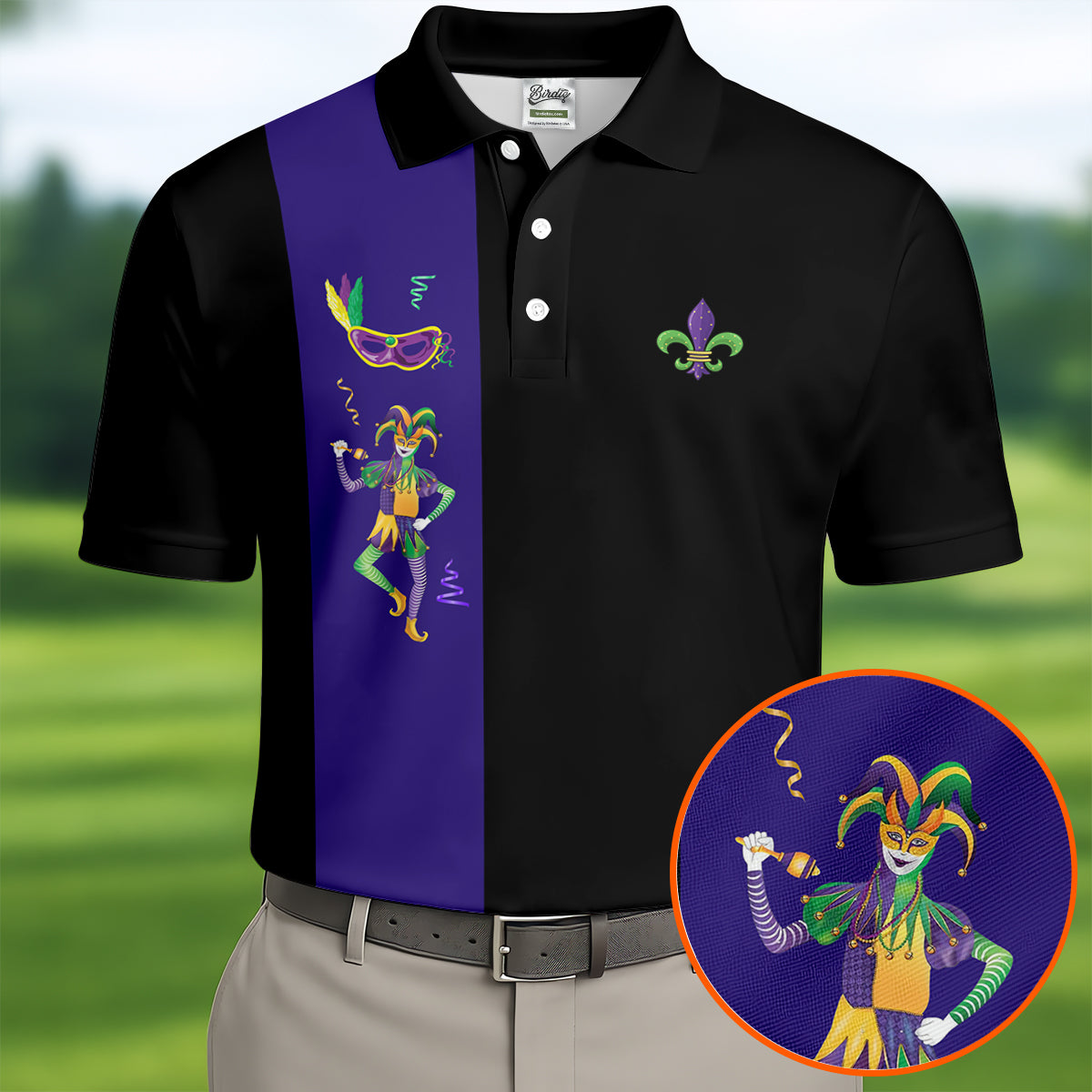 Mardi Gras Festival Jester Figure Fleur De Lis Symbol Black Golf Shirt, Polo ShirtFor Men, Golf Shirts For Men