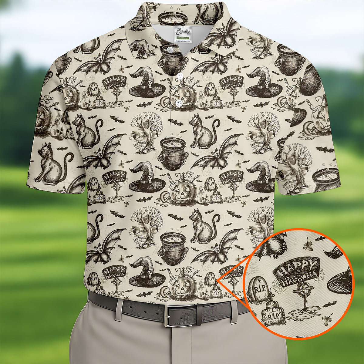 Halloween Witch Cat Pattern Men's Funny Golf Shirts, Unique Gift For Golfer, Polo For Men