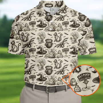 Halloween Witch Cat Pattern Men's Funny Golf Shirts, Unique Gift For Golfer, Polo For Men