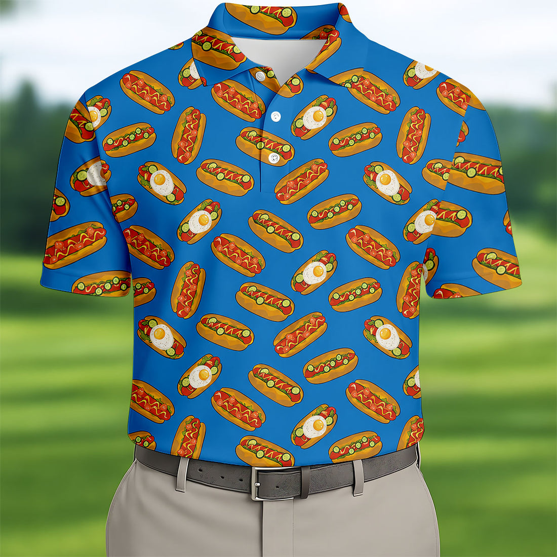 Blue Hot Dog And Fried Egg Pattern Golf Shirt, Hawaiian Golf Shirt, Mens Golf Shirts, Golf Apparel For Men