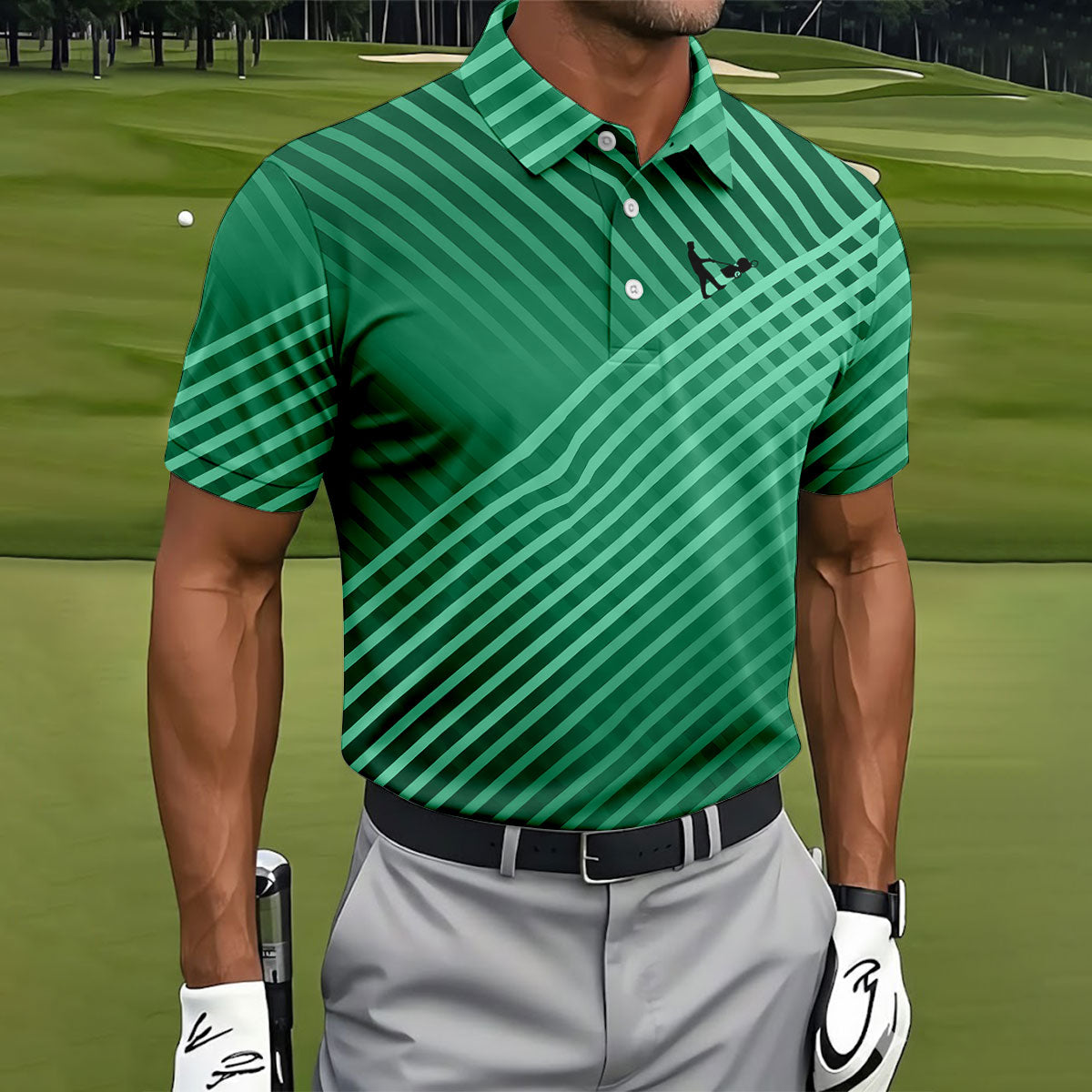 Green And White Striped Pattern Golf Tops For Men, Performance Golf Shirt, Polo Shirt Men