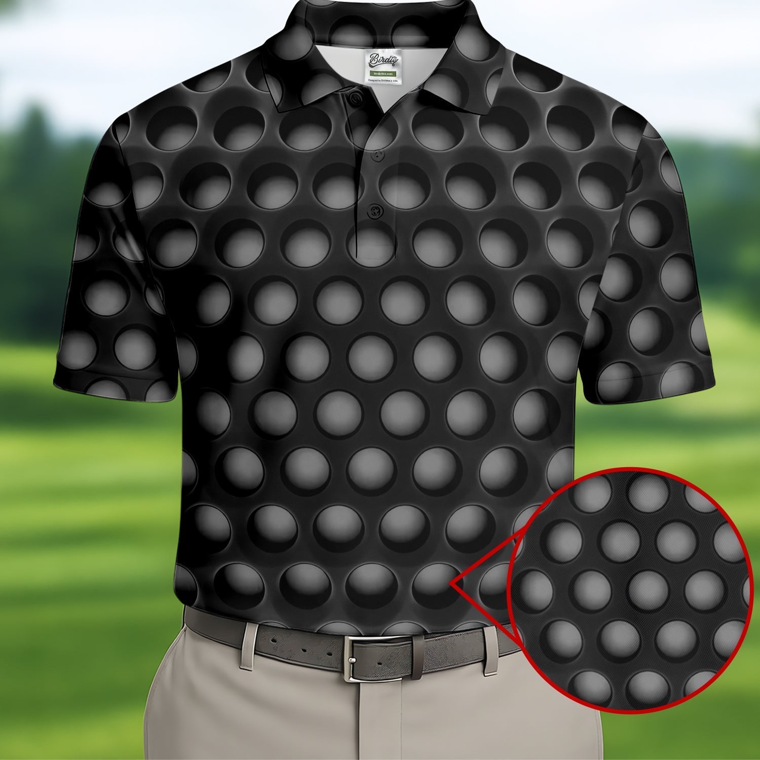 3D Effect Circular Pattern Black Golf Shirt, Cool Golf Outfit, Men's Funny Golf Shirts, Polo ShirtFor Men