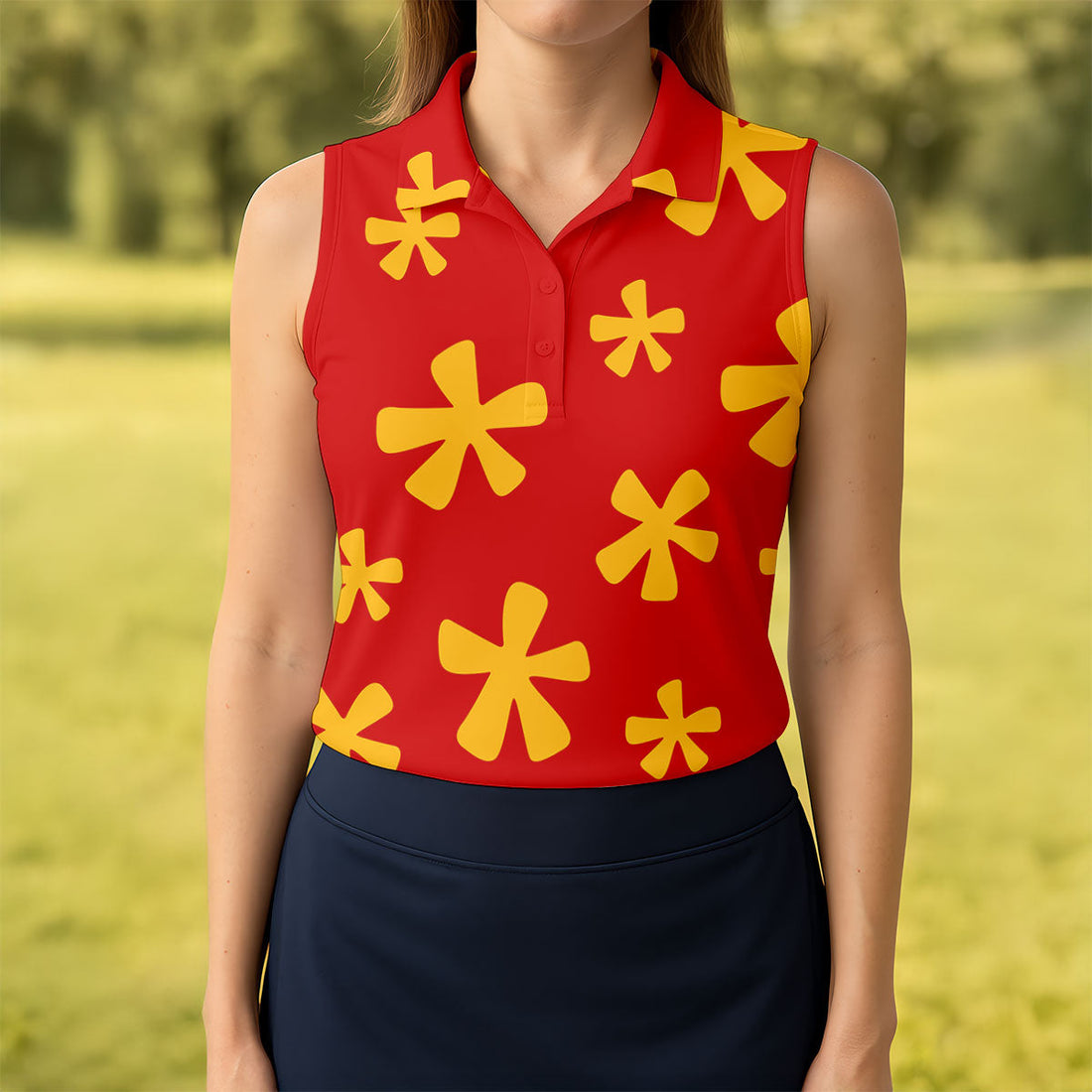 Red Hawaiian Floral Sleeveless Golf Polo, Women’s Sleeveless Golf Shirt, Golf Polo For Women