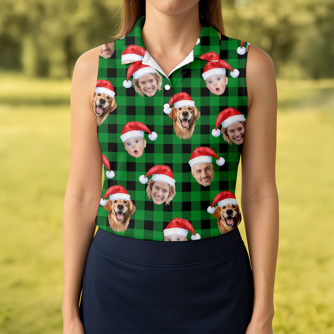 Custom Face Green Buffalo Plaid Christmas Golf Shirt, Ladies Golf Tops, Golf Gifts For Women