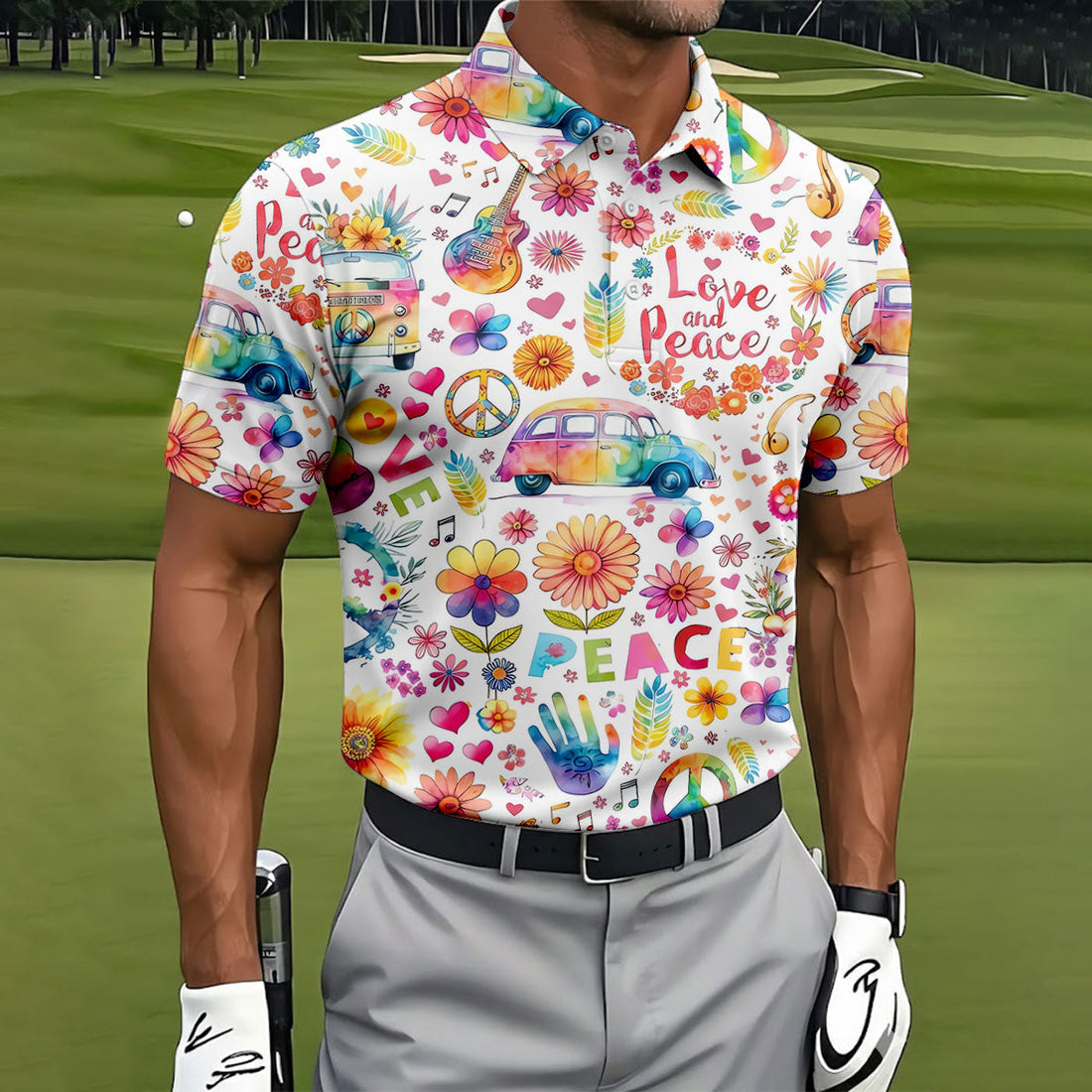 Retro Love Peace Van Floral Hawaiian Golf Shirt, Men's Golf Shirt, Printed Golf Shirts