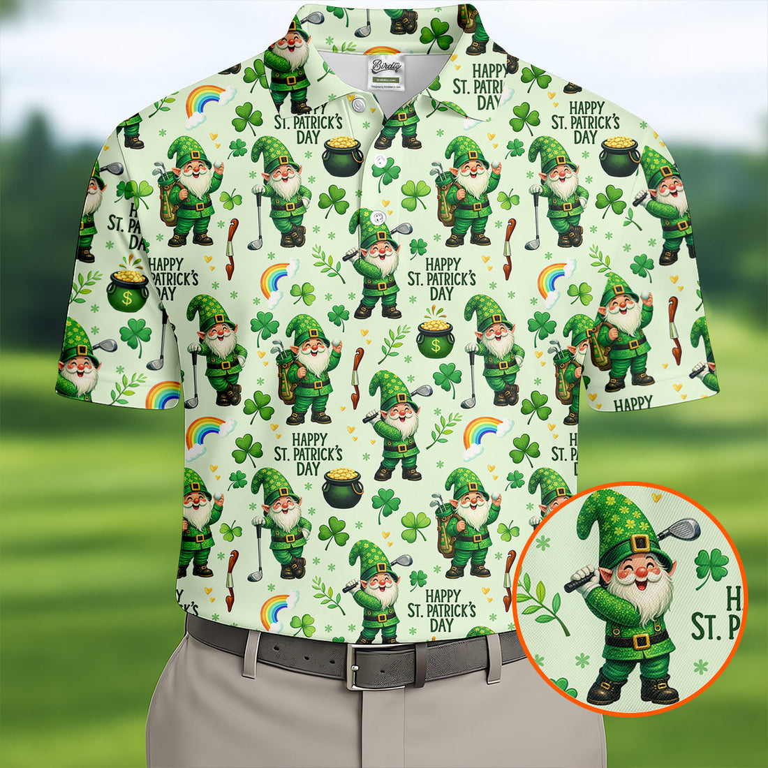 Happy St Patrick's Day Gnomes Shamrock Golf Shirt, Men's Funny Golf Shirts, Golf Shirts For Men