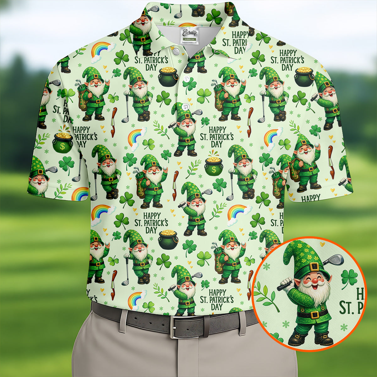 Happy St Patrick's Day Gnomes Shamrock Golf Shirt, Men's Funny Golf Shirts, Golf Shirts For Men