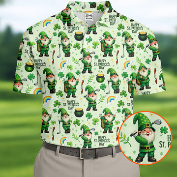 Happy St Patrick's Day Gnomes Shamrock Golf Shirt, Men's Funny Golf Shirts, Golf Shirts For Men
