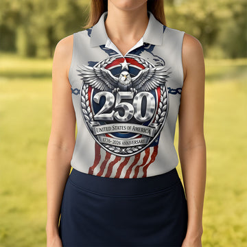 250 US 1776-2026 Anniversary Silver Print Ladies Golf Tops, Patriotic 4th Of July Golf Shirt For Women