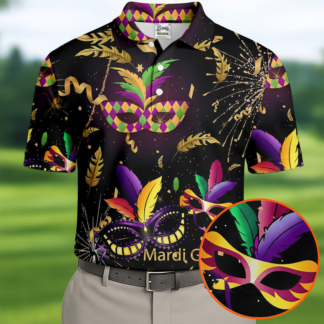 Gold Ribbons Mardi Gras Masquerade Mask Golf Tops For Men, Polo ShirtFor Men, Golf Shirts For Men