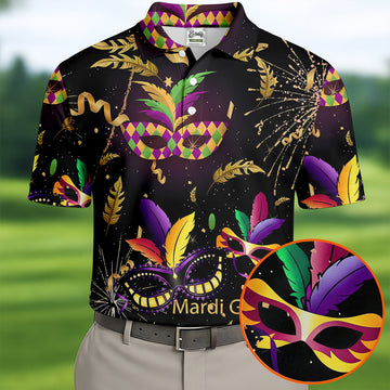 Gold Ribbons Mardi Gras Masquerade Mask Golf Tops For Men, Polo ShirtFor Men, Golf Shirts For Men