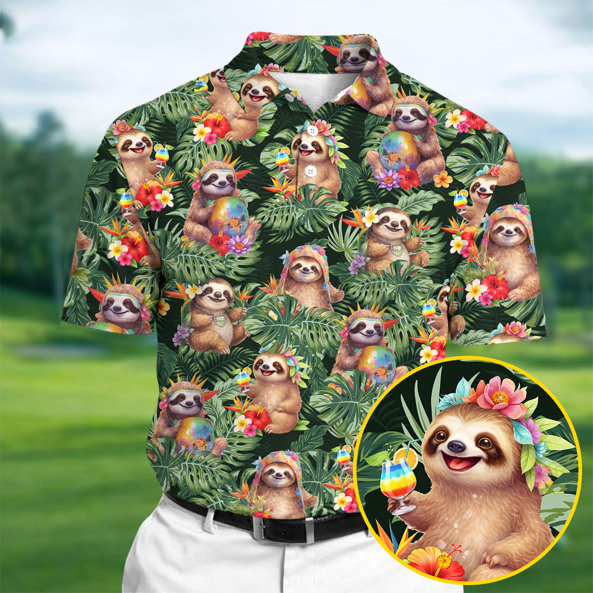 Funny Sloth Hawaiian Summer Golf Tops For Men, Hawaiian Golf Shirts, Polo Shirtor Men