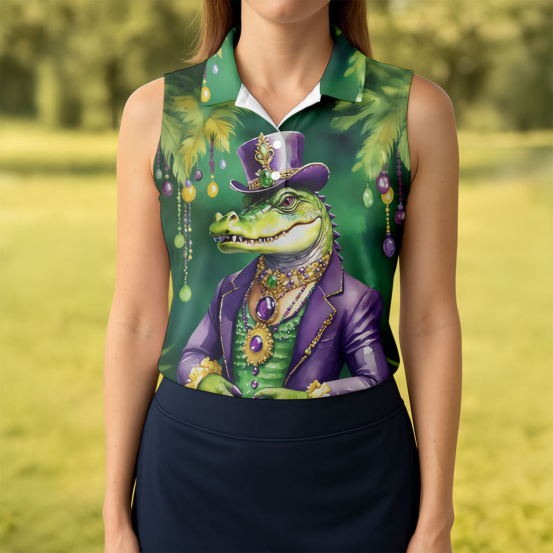 Mardi Gras Alligator Green Golf Shirt, Fun Women's Golf Shirts, Women's Golf Tops, Ladies Golf Polos