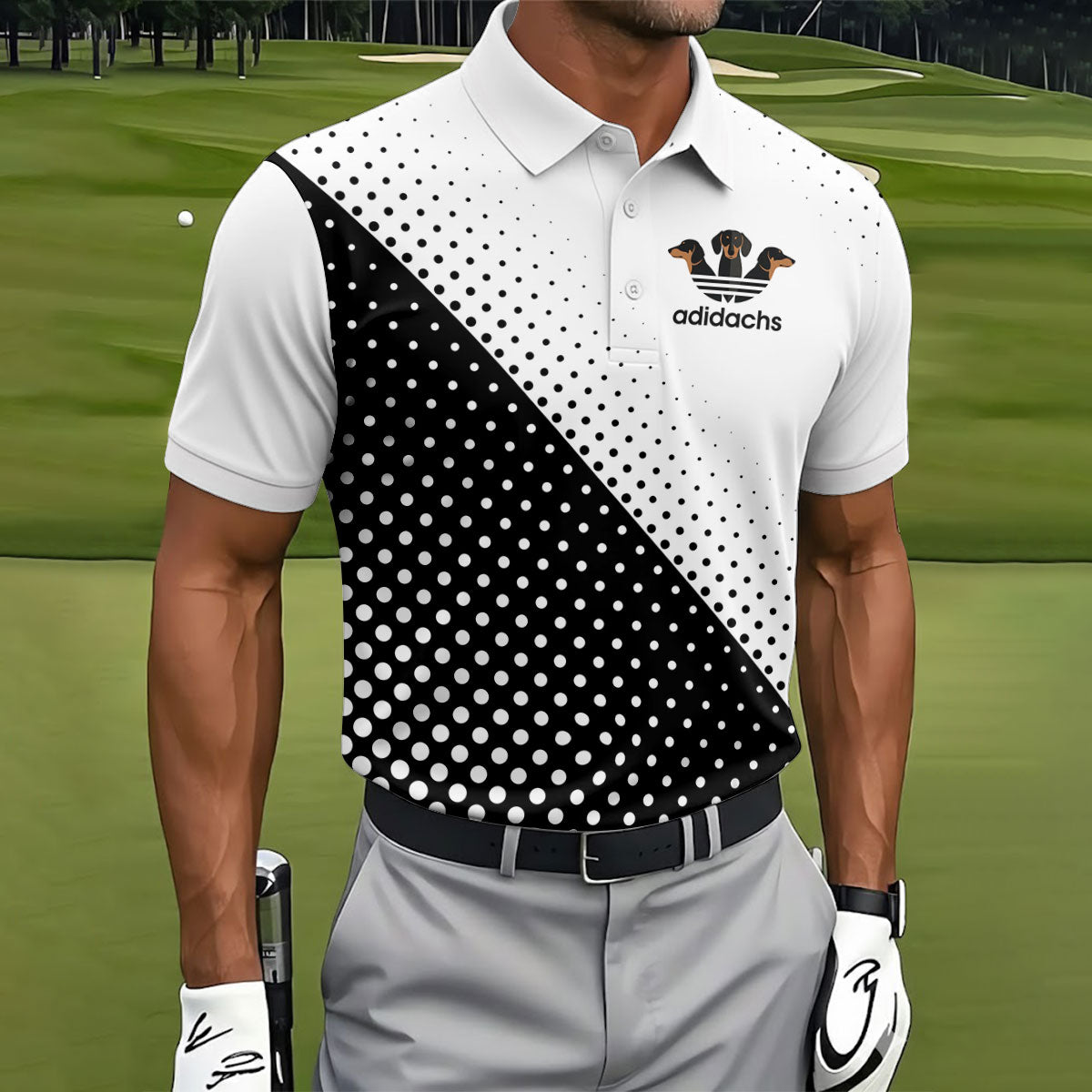 Adidachs Funny Dachshund White Golf Shirt, Men's Funny Golf Shirts, Polo Shirtor Men