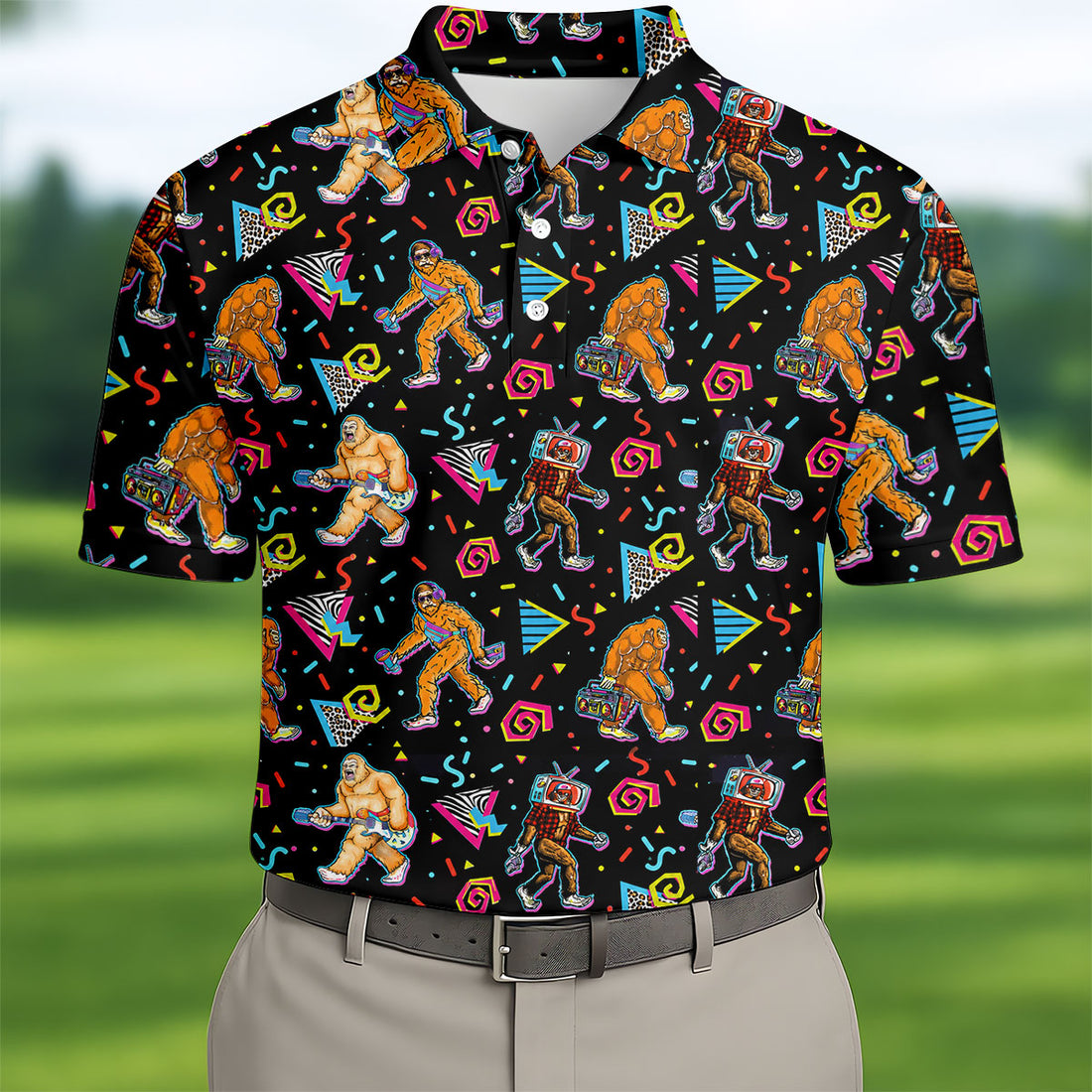 Retro Bigfoot Boombox Pattern Golf Shirt, Men's Golf Shirt, Mens Polo Shirts, Printed Golf Shirts