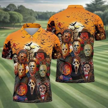Halloween Horror Character Sunset Hawaiian Golf Shirt, Men's Golf Shirt, Printed Golf Shirts