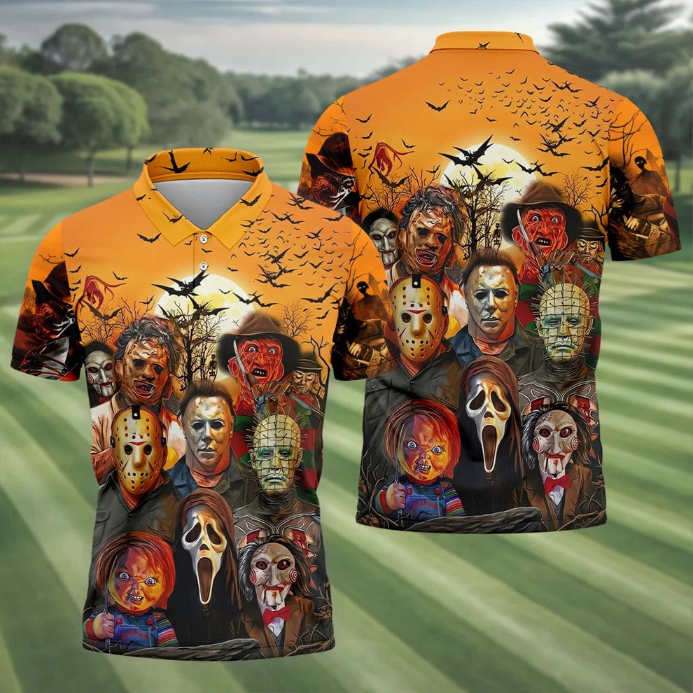 Halloween Horror Character Sunset Hawaiian Golf Shirt, Men's Golf Shirt, Printed Golf Shirts