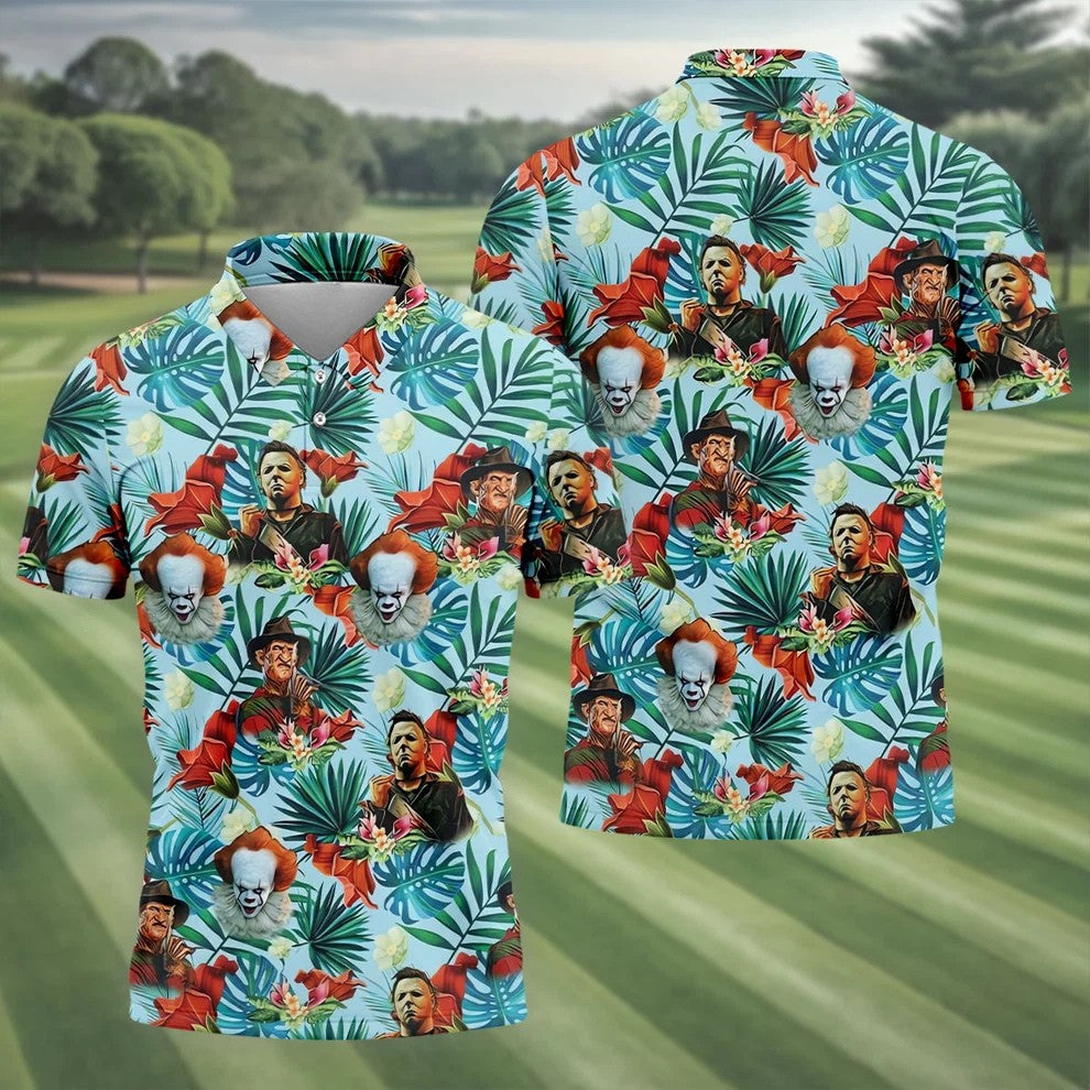 Tropical Horror Character Hawaiian Golf Shirt, Mens Golf Polo, Halloween Golf Shirt