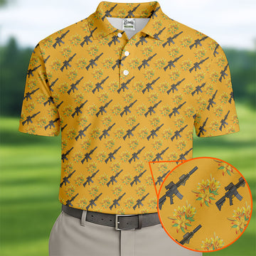 Gun And Flower Yellow Lily Flower Seamless Pattern Yellow Golf Shirt, Golf Tops For Men, Golf Shirts For Men