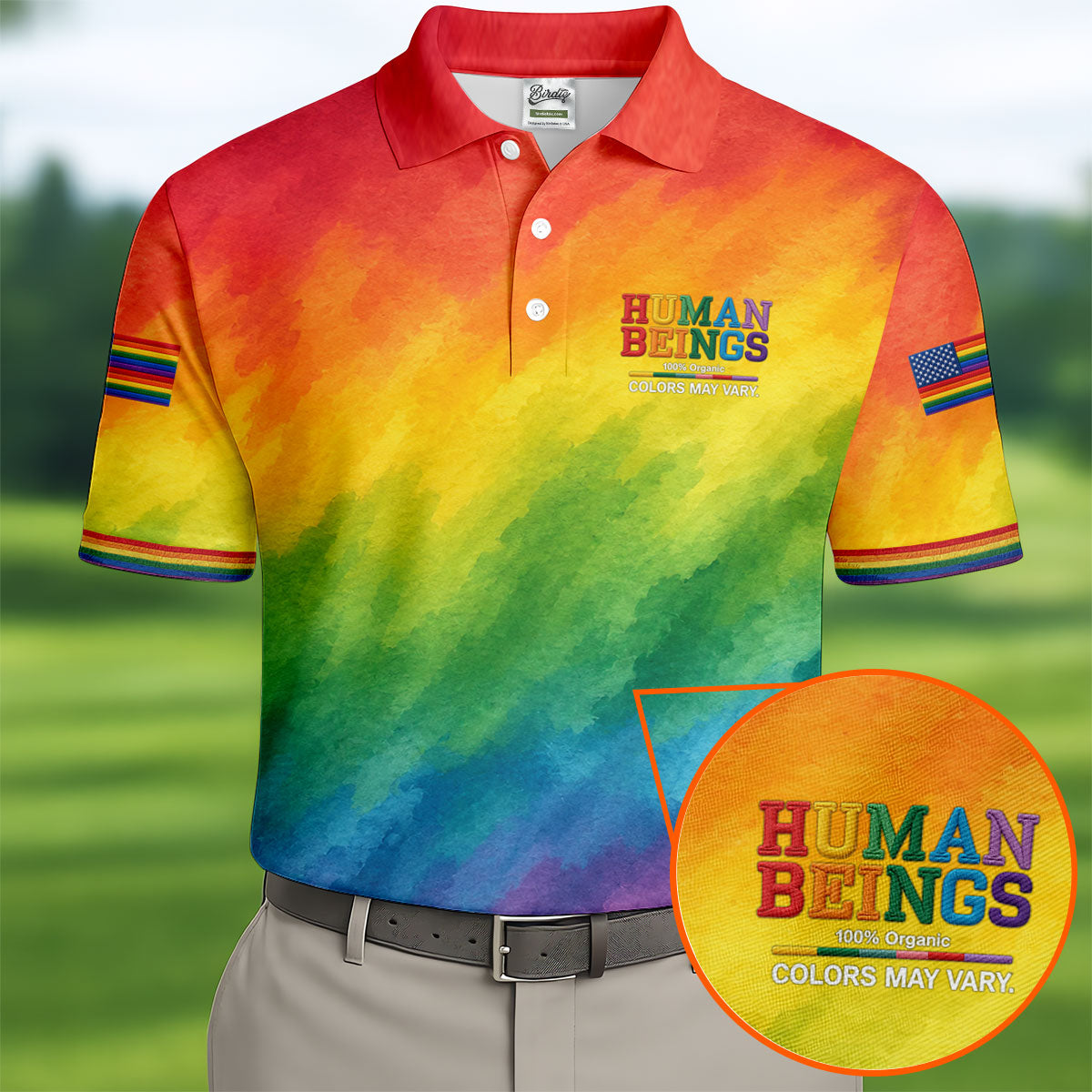 Human Beings LGBT Rainbow Golf Tops For Men, LGBT Pride Month Gradient Watercolor Polo Shirt Men