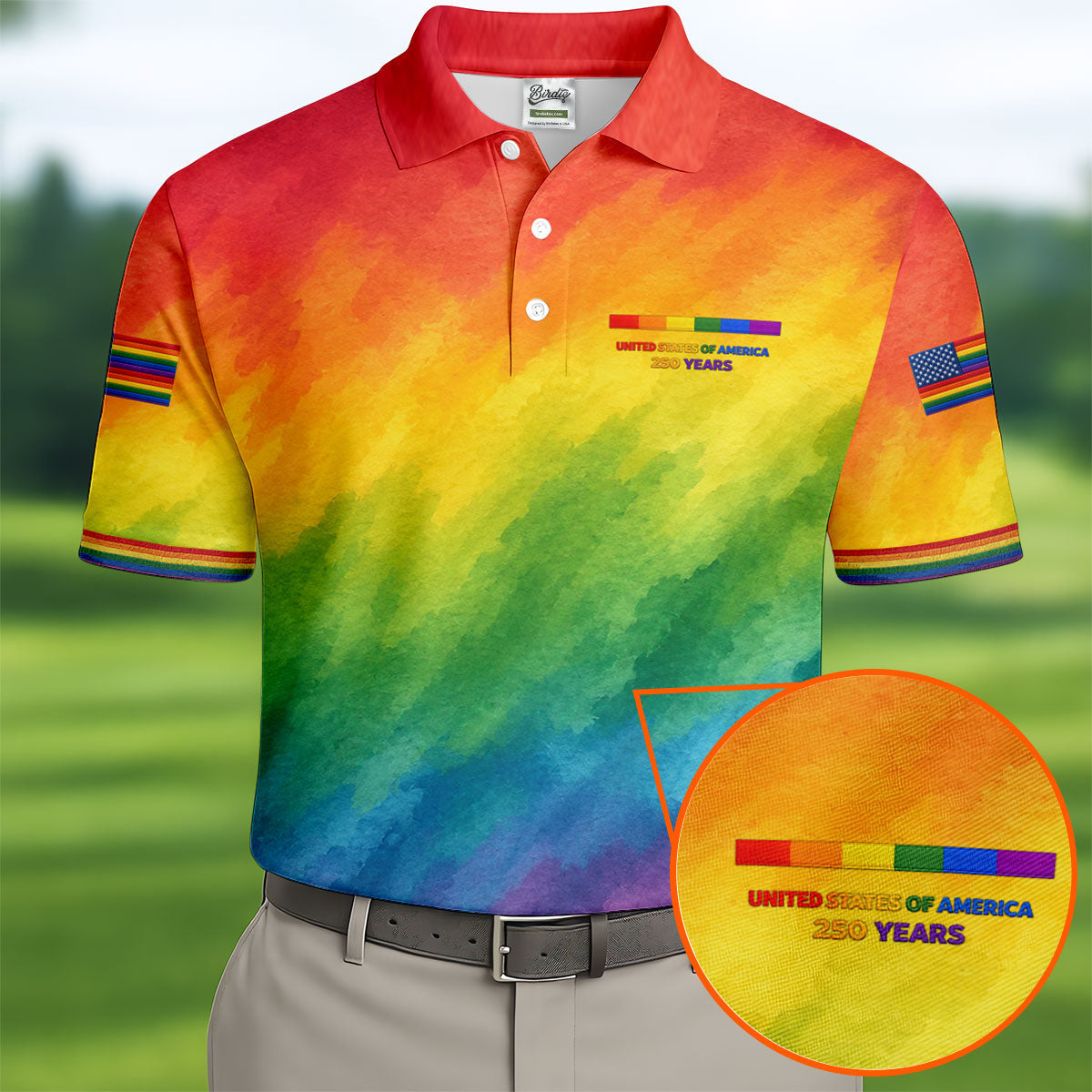 USA 250 Years LGBT Rainbow Golf Tops For Men, LGBT Pride Month Patriotic Golf Shirt