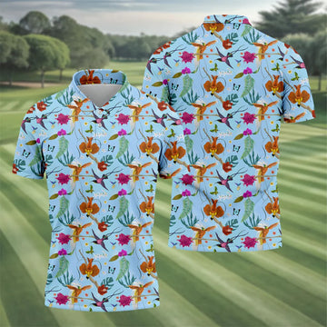 Hummingbird Paradise Golf Shirt, Tropical Flower Garden Pattern, Golf Shirt For Men