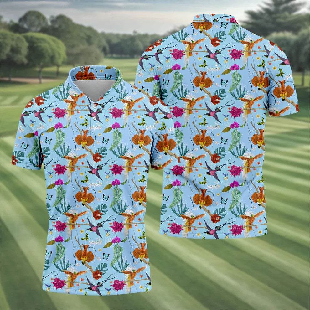 Hummingbird Paradise Golf Shirt, Tropical Flower Garden Pattern, Golf Shirt For Men