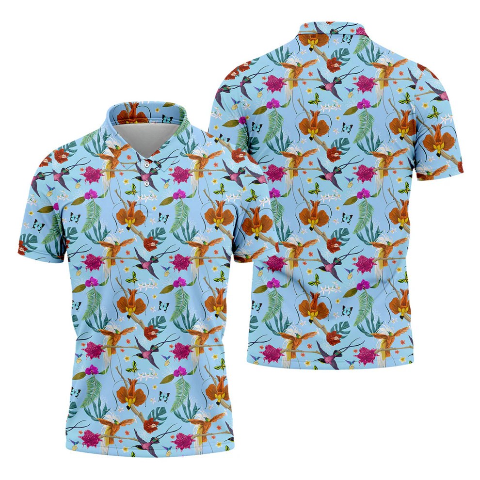 Hummingbird Paradise Golf Shirt, Tropical Flower Garden Pattern, Golf Shirt For Men